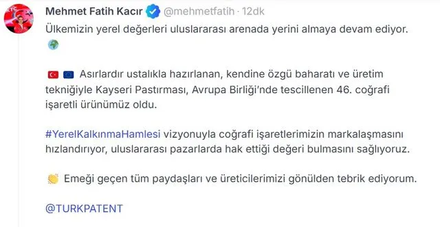 Bakan Kacır: Kayseri pastırması, tescilli 46