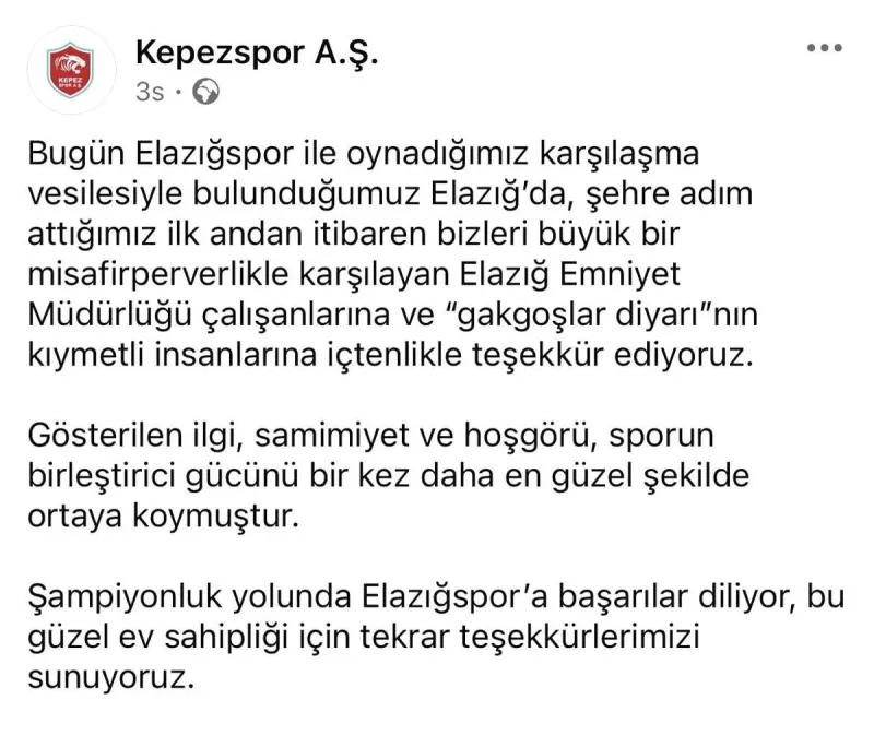 Antalya Temsilcisi Kepezspor'dan Elazığ'a Anlamlı Vefa: 'Gakgoşlar Diyarı Bizi Bağrına Bastı'
