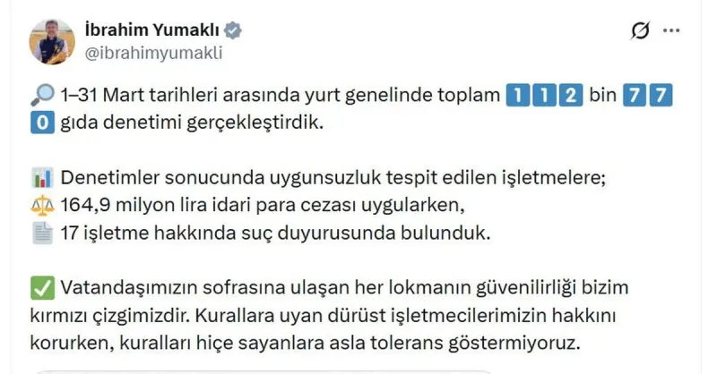 Bakan Yumaklı: Martta 112 bin 770 gıda denetimi gerçekleştirdik
