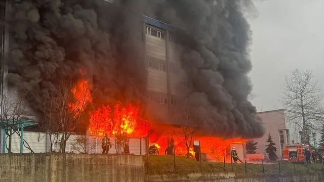 Trabzon'da fındık fabrikasının deposunda çıkan yangına müdahale ediliyor